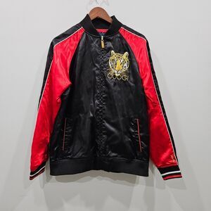 Coogi Embroidered Tiger Satin Bomber Jacket L Black Red Full Zip Outdoor Layers